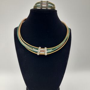 Boho Layered Cord Necklace Bracelet Set Earth Tone Multistrand with Silver Bars